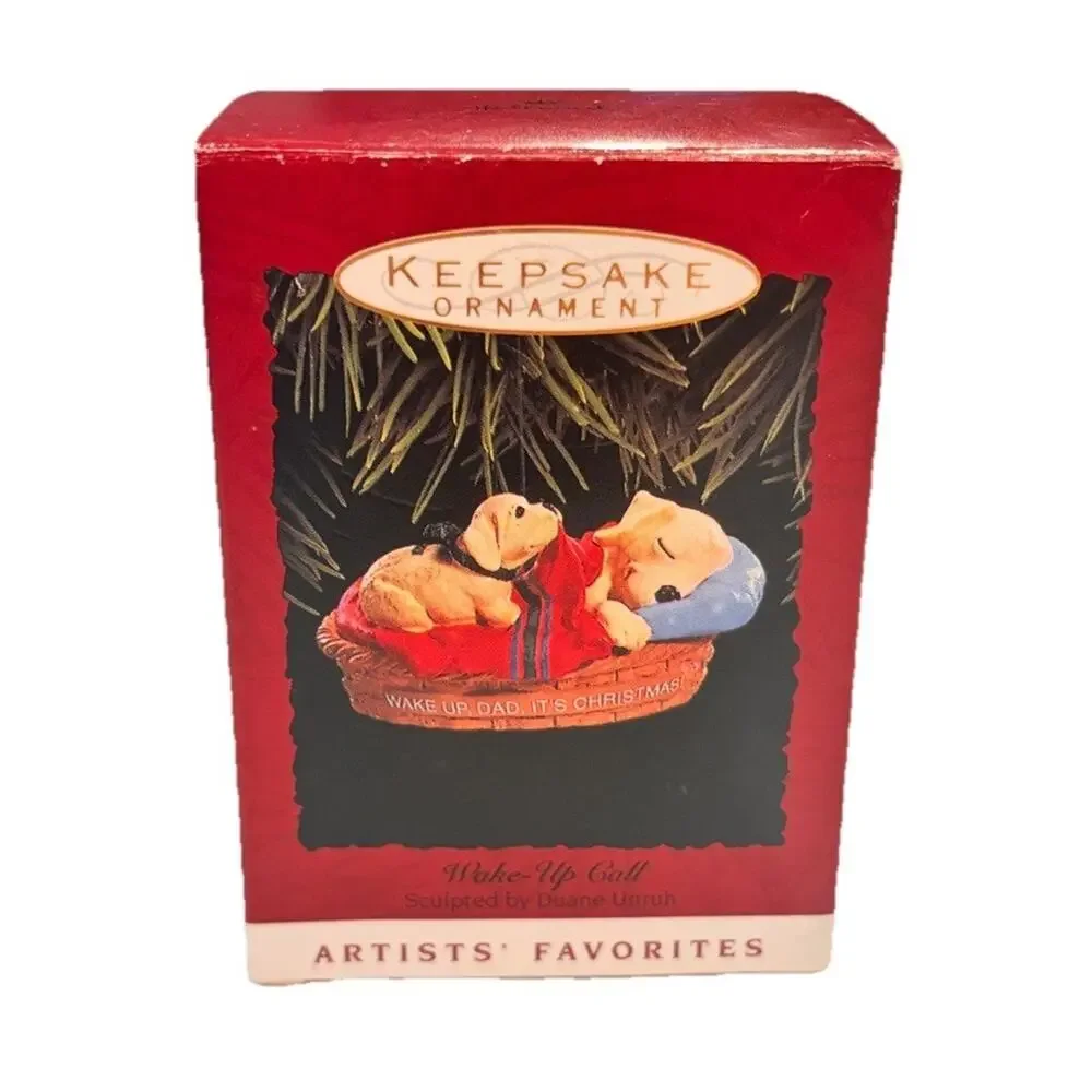 1993 Hallmark Christmas Ornament WAKE-UP CALL Dad Yellow Lab Puppy Dog In Bed